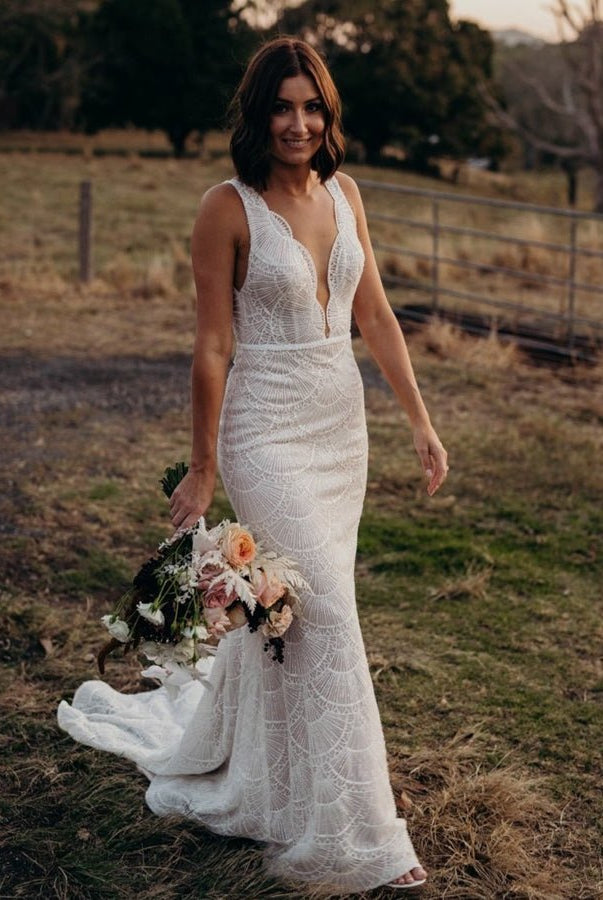Bohemian Lace wedding Dresses Mermaid V-Neck Backless Bridal Gowns