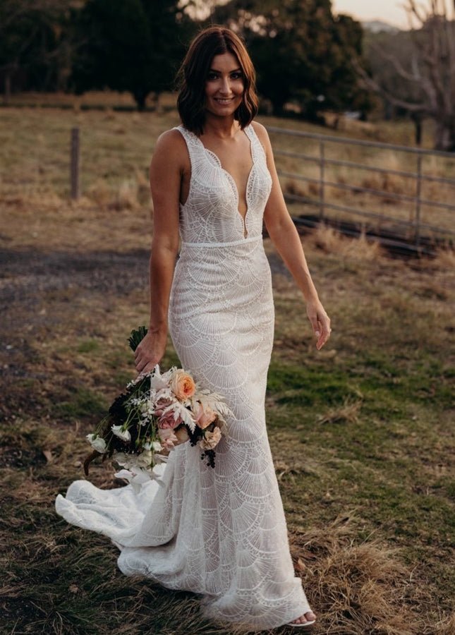 Bohemian Lace wedding Dresses Mermaid V-Neck Backless Bridal Gowns