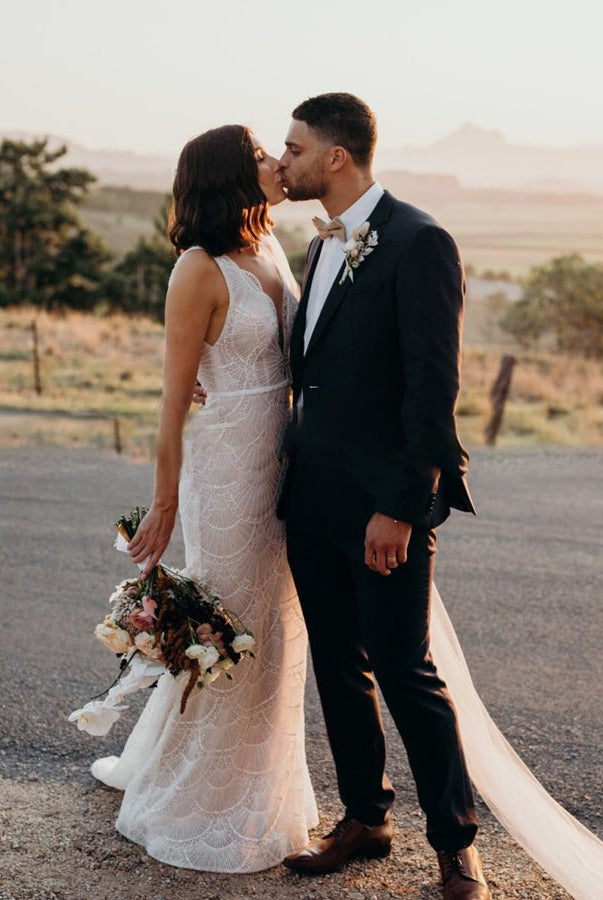 Bohemian Lace wedding Dresses Mermaid V-Neck Backless Bridal Gowns