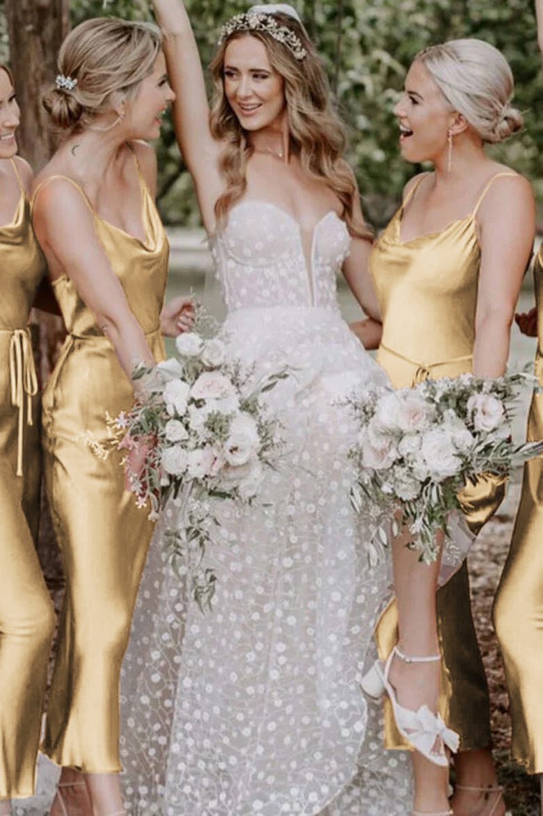 Bohemian Sheath Straps Rust Silk Satin Ankle Length Bridesmaid Dresses - KissProm