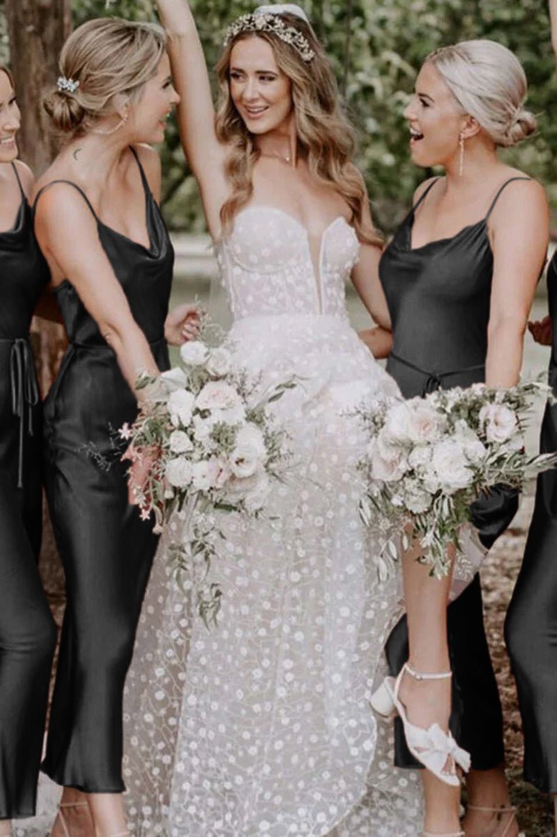 Bohemian Sheath Straps Rust Silk Satin Ankle Length Bridesmaid Dresses - KissProm