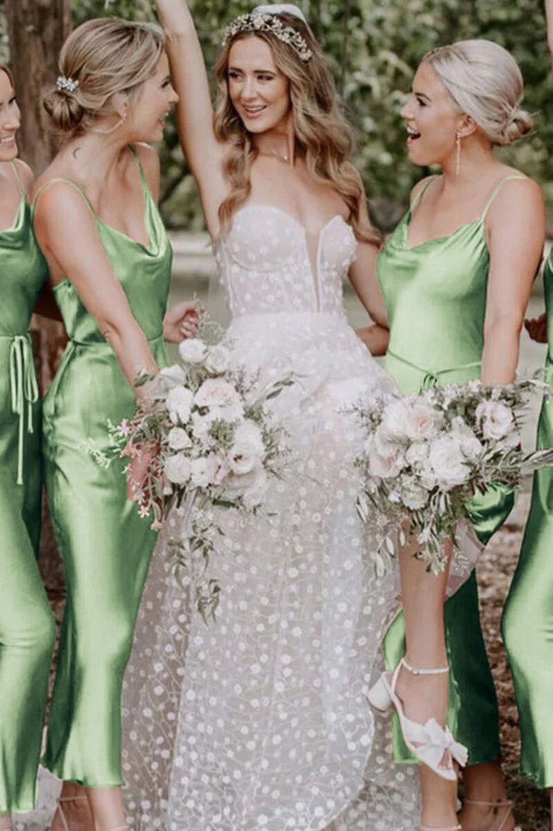 Bohemian Sheath Straps Rust Silk Satin Ankle Length Bridesmaid Dresses - KissProm