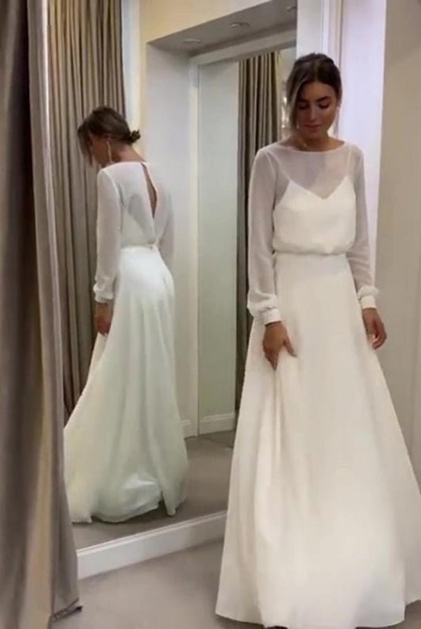 Bohemian Long Sleeves A Line Open Back Modest Chiffon Wedding Dress - KissProm