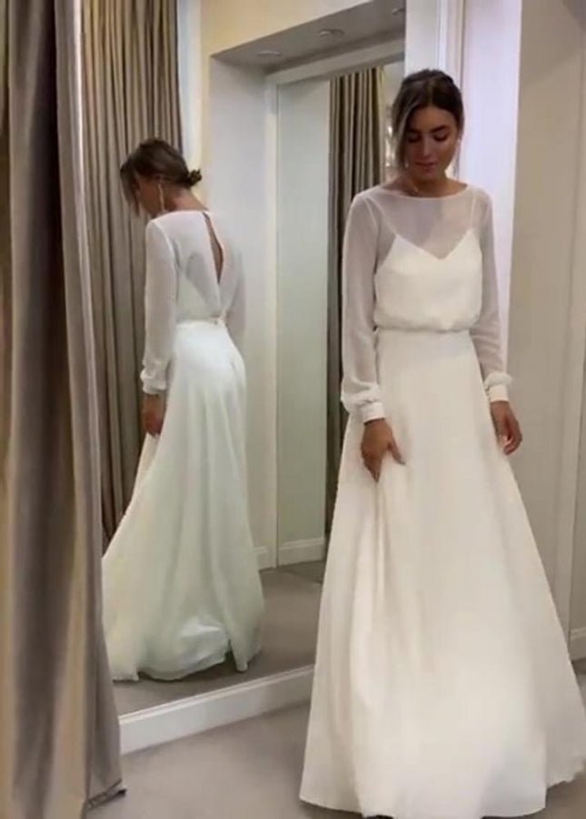 Bohemian Long Sleeves A Line Open Back Modest Chiffon Wedding Dress - KissProm