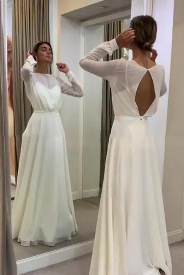 Bohemian Long Sleeves A Line Open Back Modest Chiffon Wedding Dress - KissProm