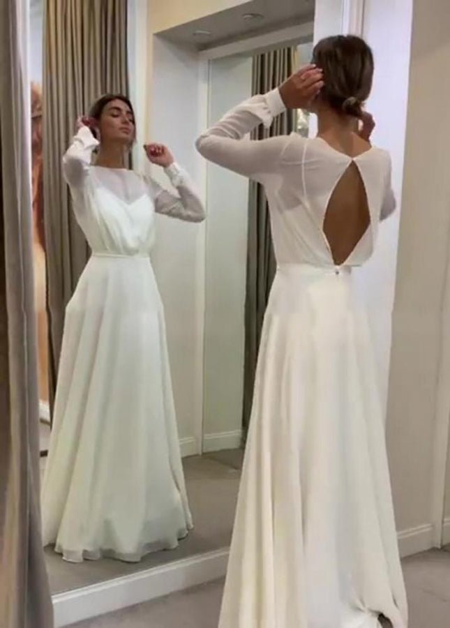 Bohemian Long Sleeves A Line Open Back Modest Chiffon Wedding Dress - KissProm