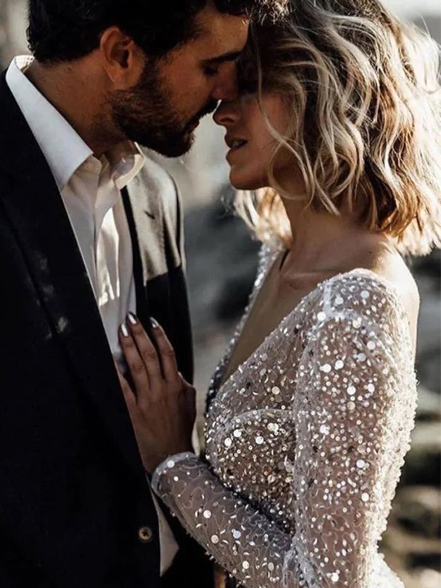 Frayah | Bohemian A - Line Sparkly Sequined Luxury Wedding Dresses - KissProm