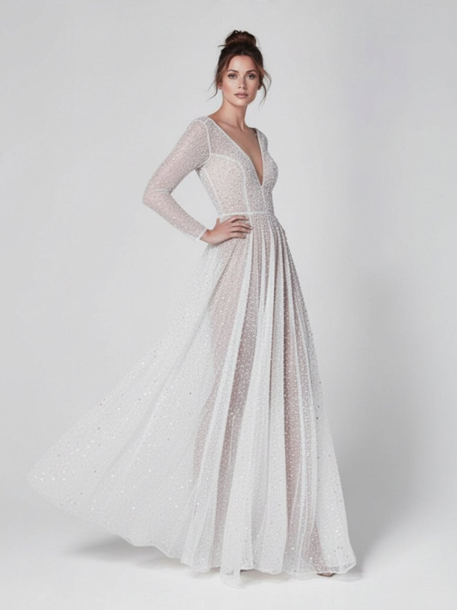 Frayah | Bohemian A - Line Sparkly Sequined Luxury Wedding Dresses - KissProm