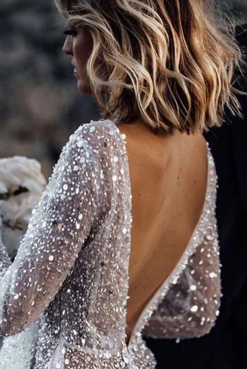 Frayah | Bohemian A - Line Sparkly Sequined Luxury Wedding Dresses - KissProm