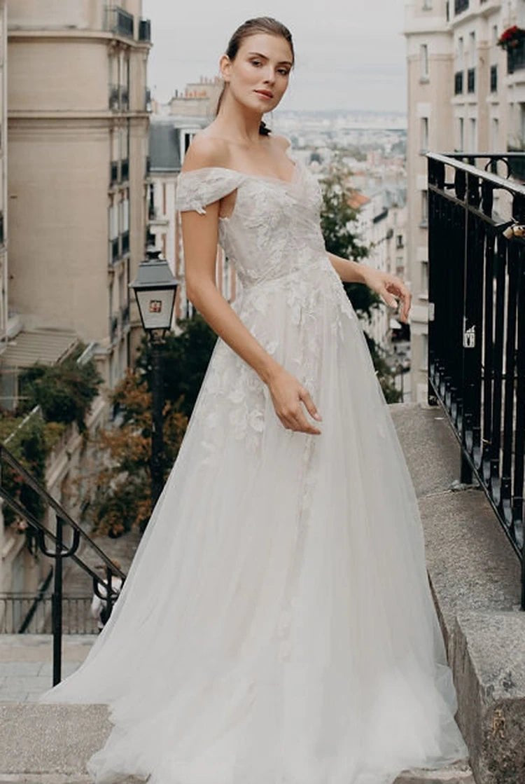 Bohemian Tulle Short Sleeve Brush Train A Line Off-the-shoulder Wedding Dress with Appliques