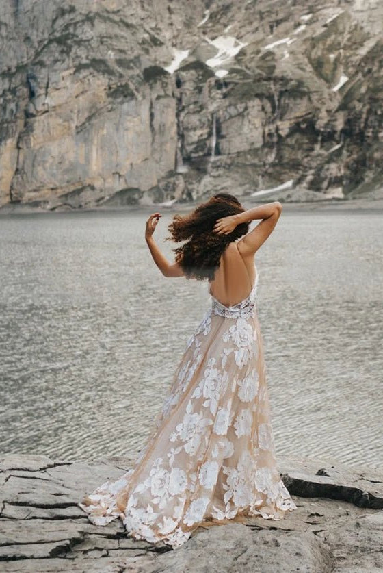 Bohemian A - Line Backless Spaghetti Straps Sleeveless Lace Emboridery Wedding Dresses - KissProm