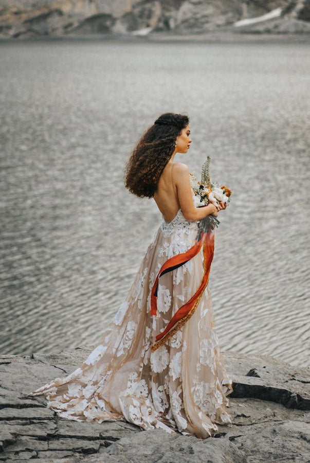 Bohemian A - Line Backless Spaghetti Straps Sleeveless Lace Emboridery Wedding Dresses - KissProm