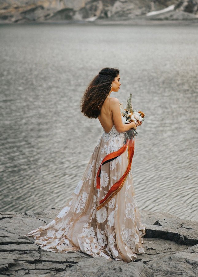 Bohemian A - Line Backless Spaghetti Straps Sleeveless Lace Emboridery Wedding Dresses - KissProm