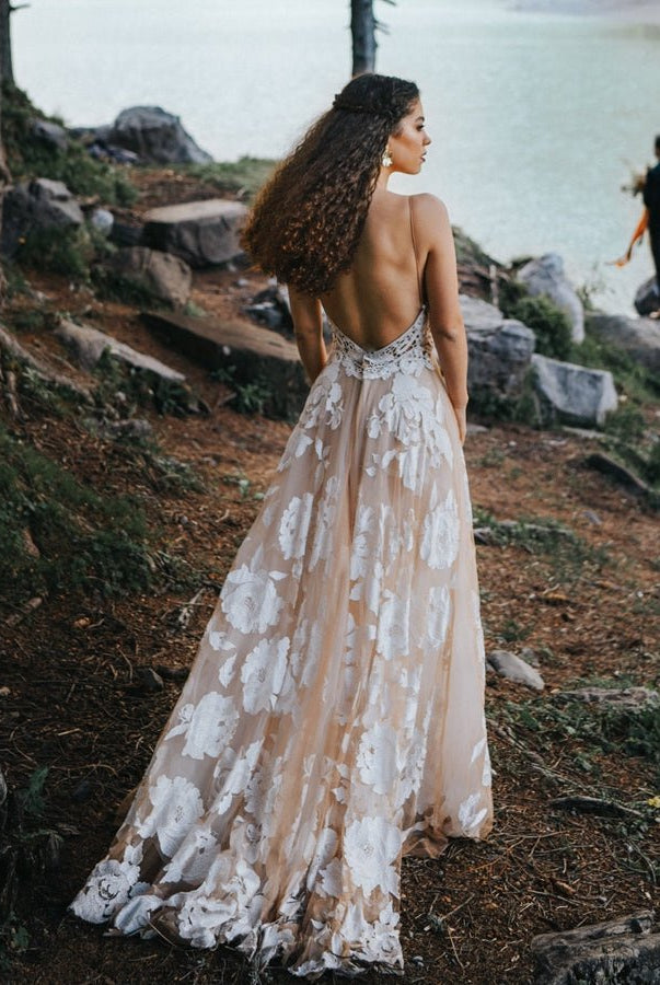 Bohemian A - Line Backless Spaghetti Straps Sleeveless Lace Emboridery Wedding Dresses - KissProm