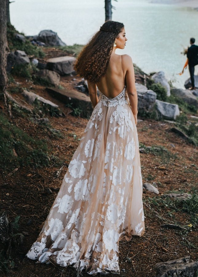 Bohemian A - Line Backless Spaghetti Straps Sleeveless Lace Emboridery Wedding Dresses - KissProm