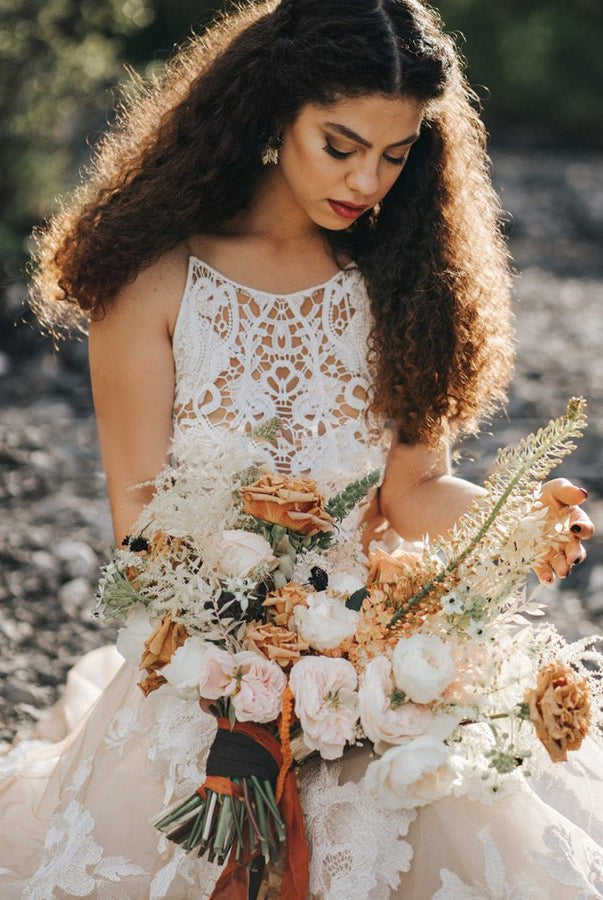 Bohemian A - Line Backless Spaghetti Straps Sleeveless Lace Emboridery Wedding Dresses - KissProm