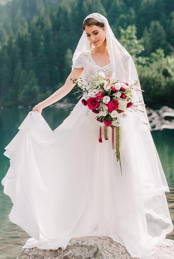 Bohemian Wedding Dresses Lace Short Sleeve Chiffon Bridal Gowns