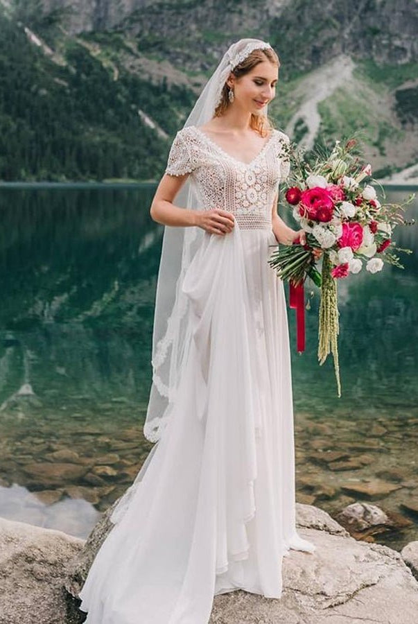 Bohemian Wedding Dresses Lace Short Sleeve Chiffon Bridal Gowns
