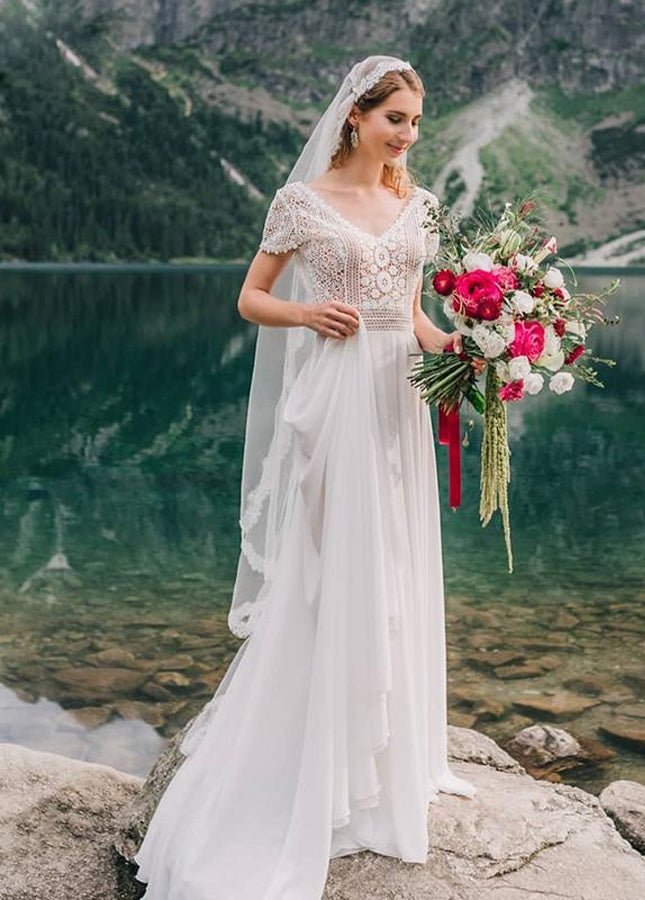 Bohemian Wedding Dresses Lace Short Sleeve Chiffon Bridal Gowns
