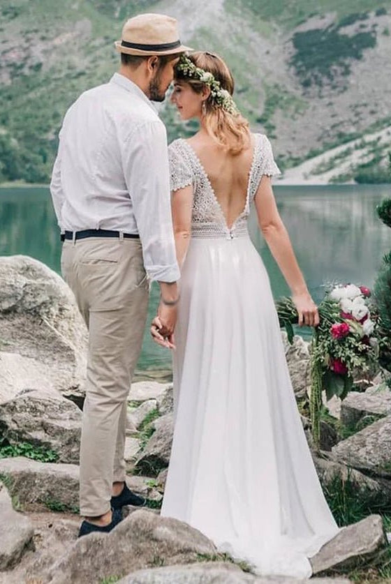 Bohemian Wedding Dresses Lace Short Sleeve Chiffon Bridal Gowns