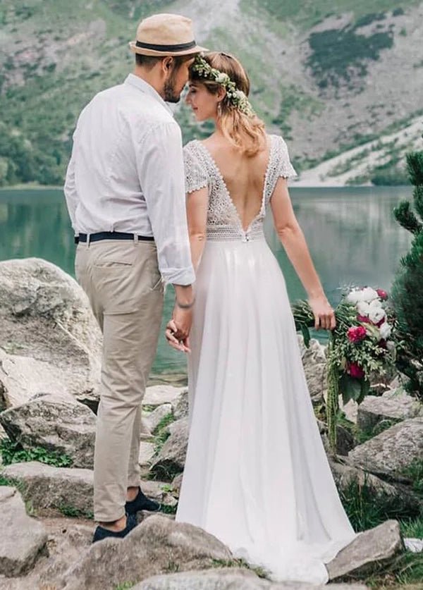 Bohemian Wedding Dresses Lace Short Sleeve Chiffon Bridal Gowns