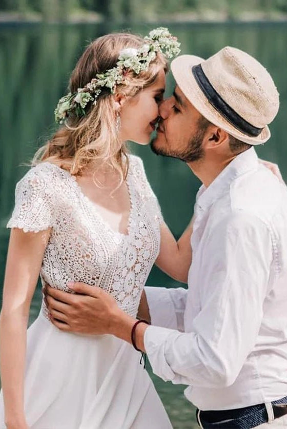 Bohemian Wedding Dresses Lace Short Sleeve Chiffon Bridal Gowns