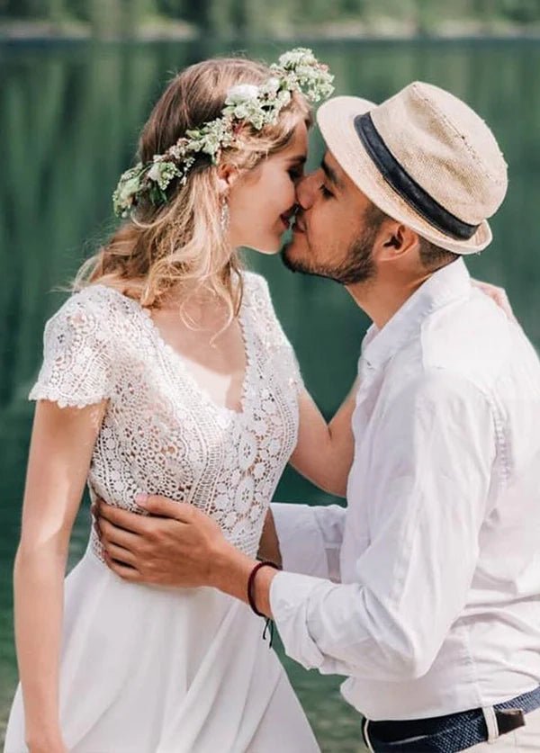 Bohemian Wedding Dresses Lace Short Sleeve Chiffon Bridal Gowns