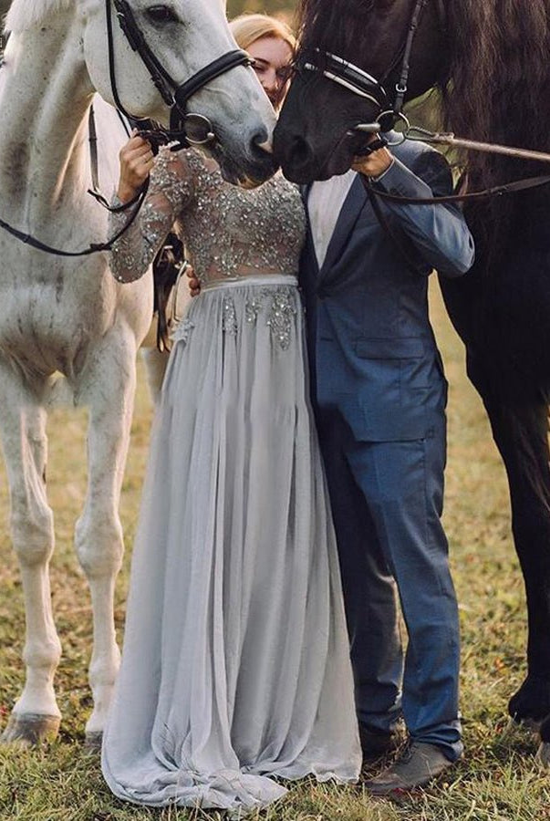 Bohemian Long Sleeve Appliqued Beading Tulle Backless Wedding Bridal Gowns