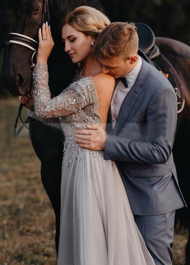 Bohemian Long Sleeve Appliqued Beading Tulle Backless Wedding Bridal Gowns