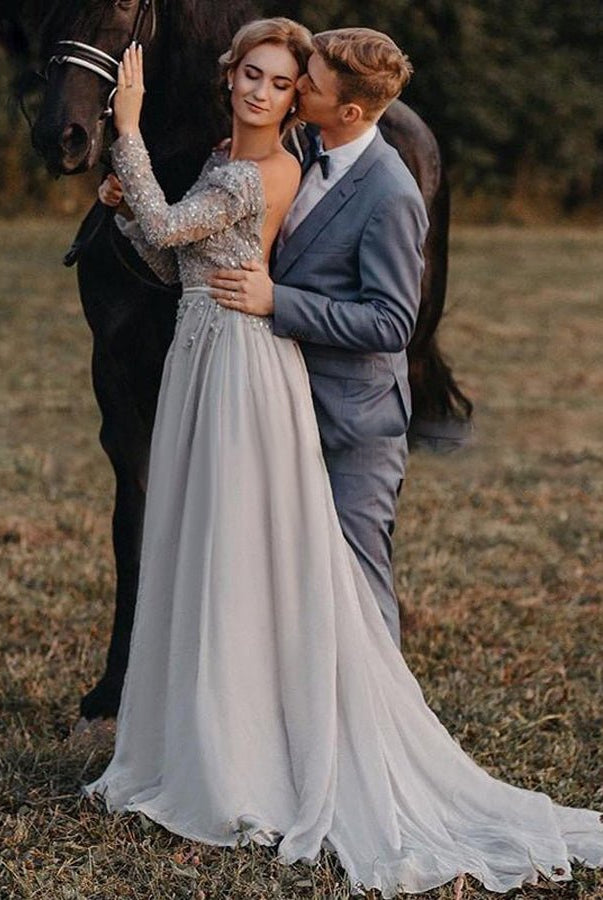 Bohemian Long Sleeve Appliqued Beading Tulle Backless Wedding Bridal Gowns