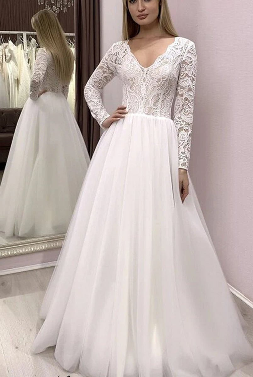 Bohemian Long Sleeves Lace Button Back A Line Modest Wedding Dresses - KissProm