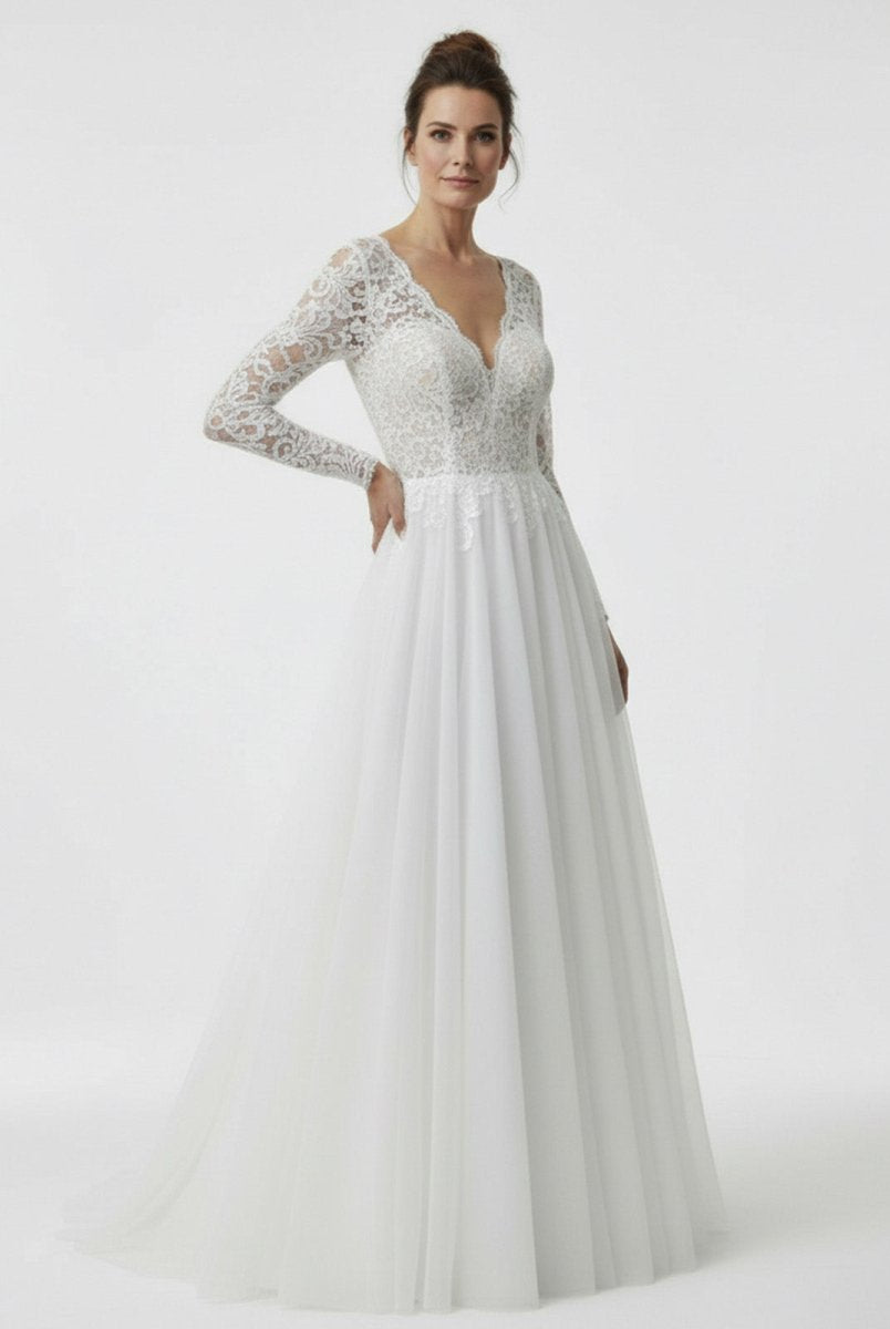 Bohemian Long Sleeves Lace Button Back A Line Modest Wedding Dresses - KissProm