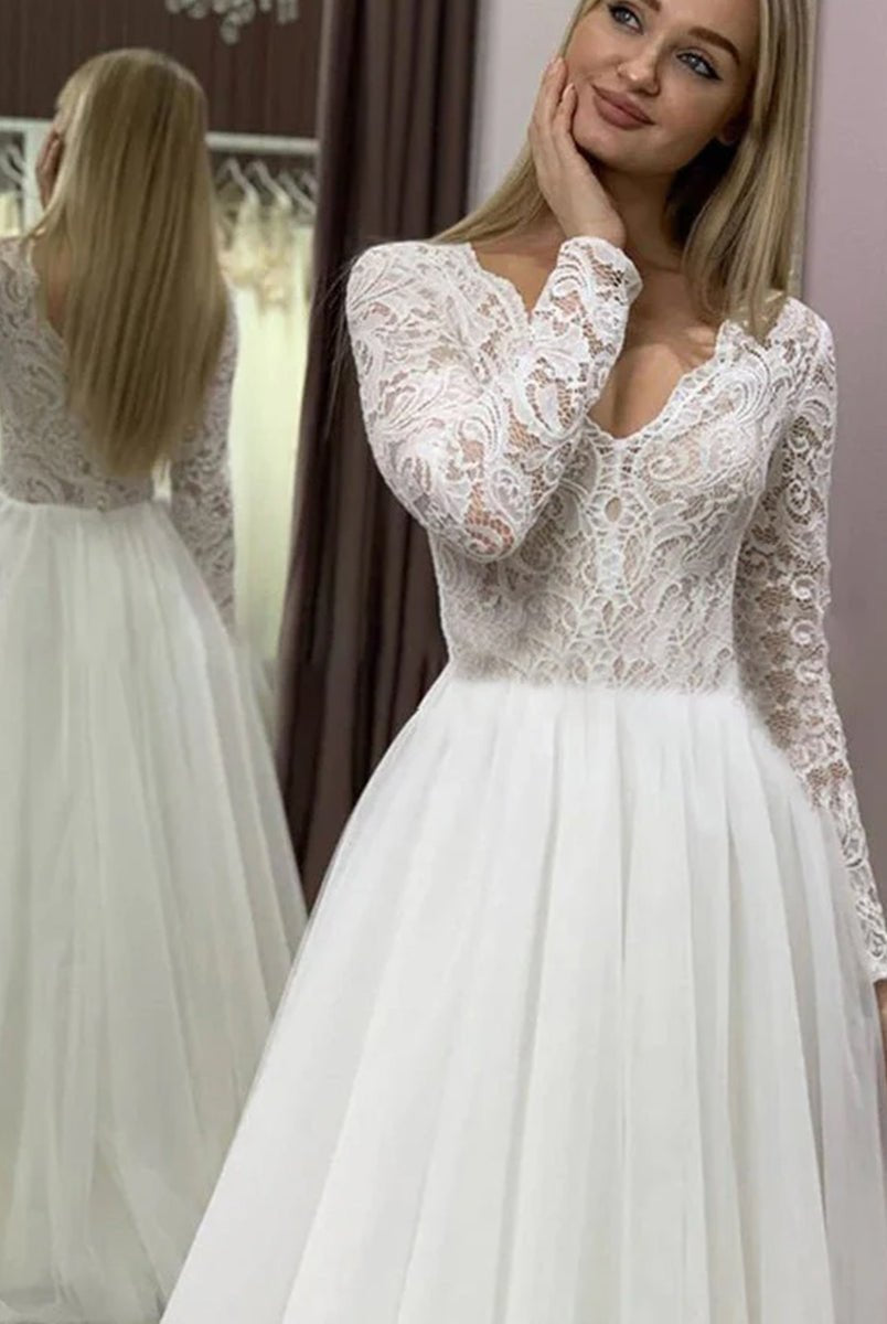 Bohemian Long Sleeves Lace Button Back A Line Modest Wedding Dresses - KissProm