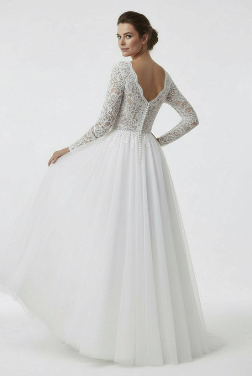 Bohemian Long Sleeves Lace Button Back A Line Modest Wedding Dresses - KissProm