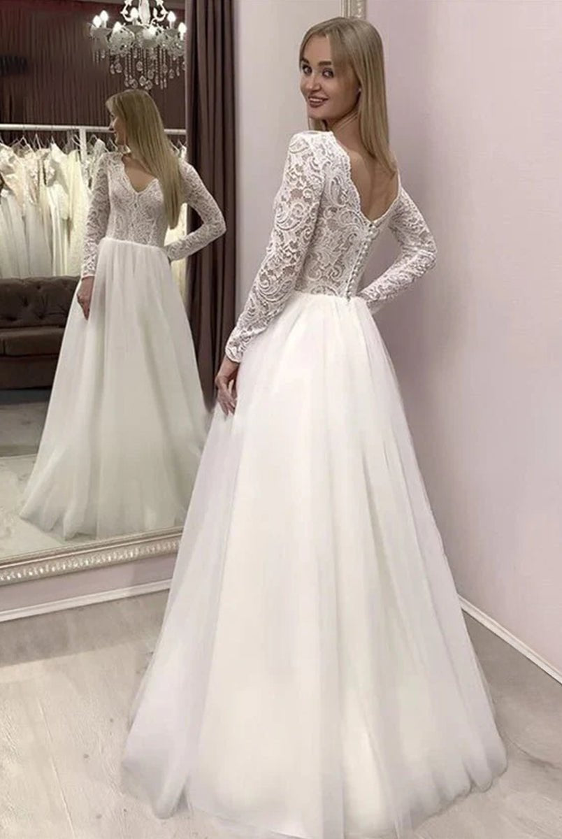 Bohemian Long Sleeves Lace Button Back A Line Modest Wedding Dresses - KissProm