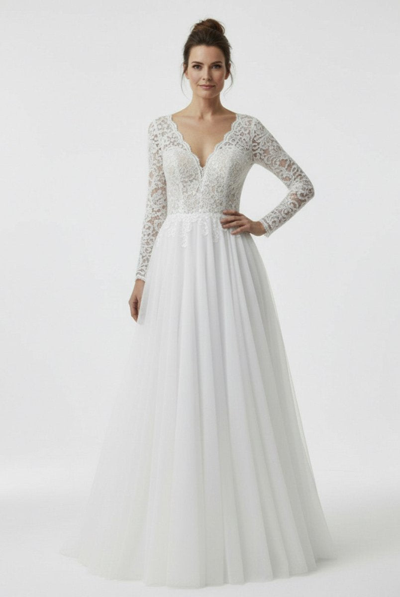 Bohemian Long Sleeves Lace Button Back A Line Modest Wedding Dresses - KissProm