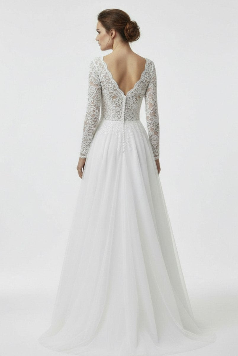 Bohemian Long Sleeves Lace Button Back A Line Modest Wedding Dresses - KissProm