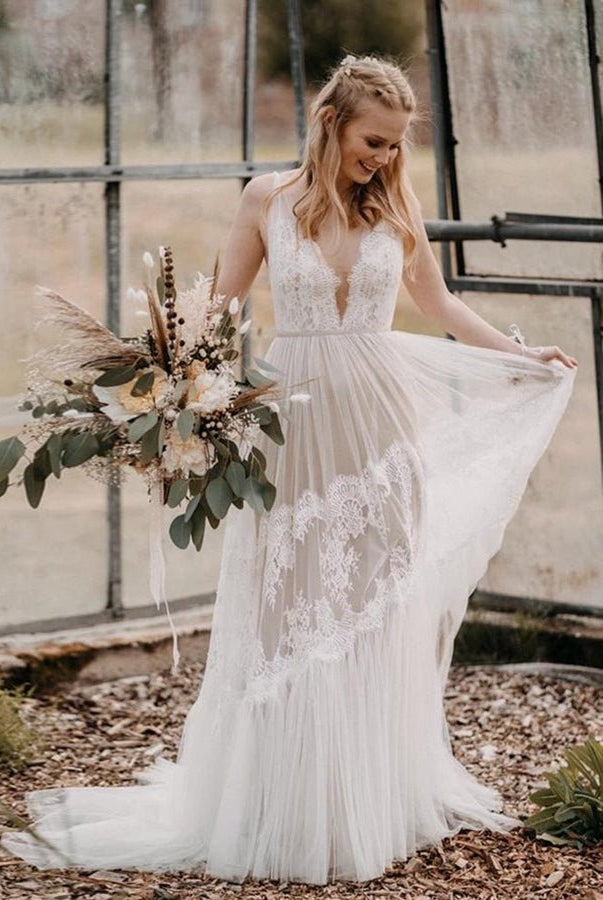 Bohemian Wedding Dresses V-Neck Backless Romantic Dreamy Bridal Gowns
