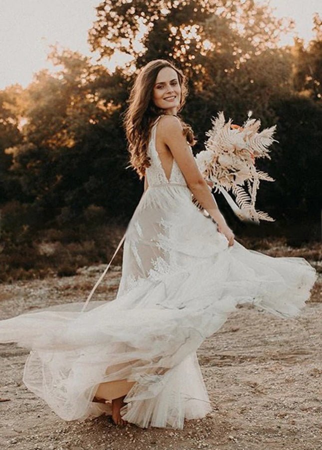 Bohemian Wedding Dresses V-Neck Backless Romantic Dreamy Bridal Gowns Diamond White / 18 Bohemian Wedding Dresses V-Neck Backless Romantic Dreamy Bridal Gowns Diamond White / 18