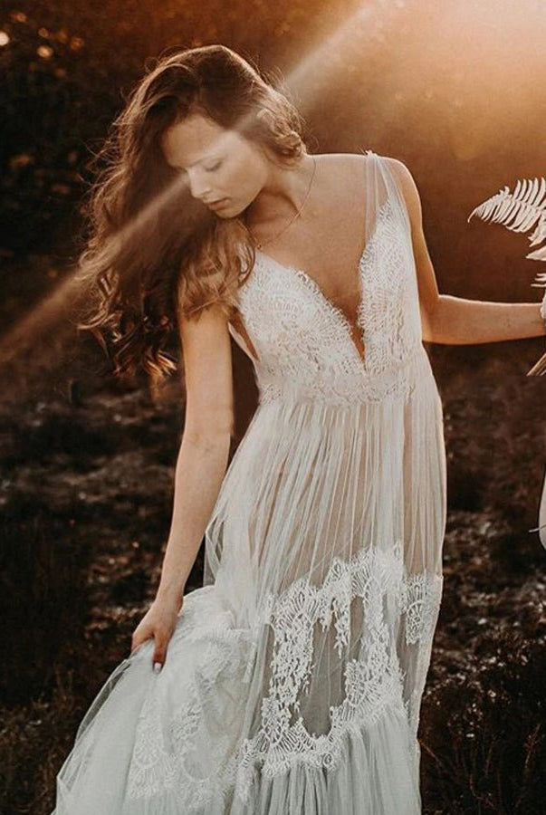 Bohemian Wedding Dresses V-Neck Backless Romantic Dreamy Bridal Gowns