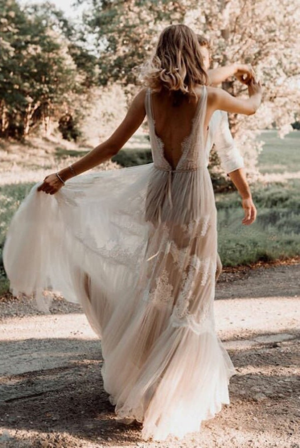 Bohemian Wedding Dresses V-Neck Backless Romantic Dreamy Bridal Gowns