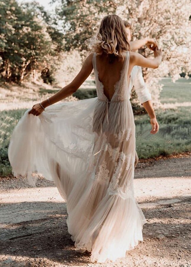 Bohemian Wedding Dresses V-Neck Backless Romantic Dreamy Bridal Gowns