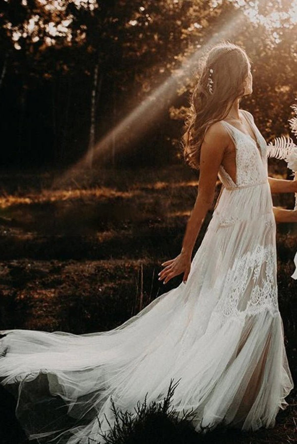 Bohemian Wedding Dresses V-Neck Backless Romantic Dreamy Bridal Gowns