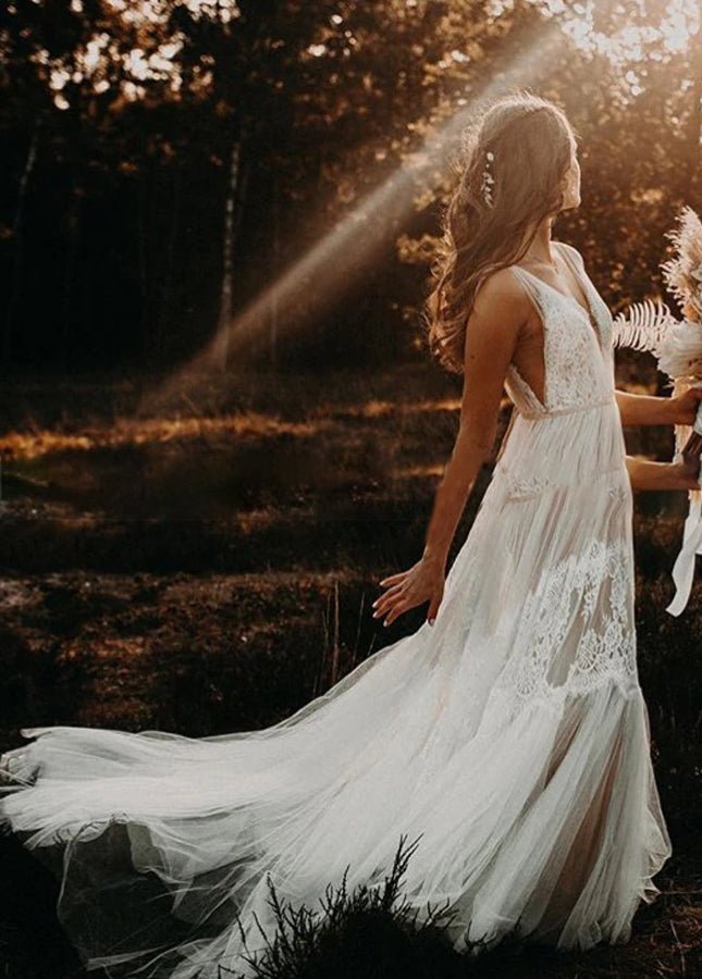 Bohemian Wedding Dresses V-Neck Backless Romantic Dreamy Bridal Gowns