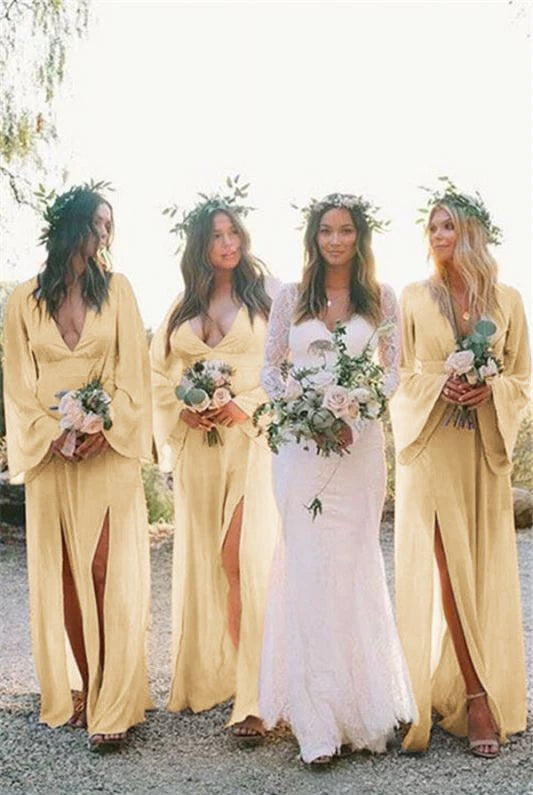 Boho A - Line Deep V Neck Long Sleeves Light Bridesmaid Dresses - KissProm