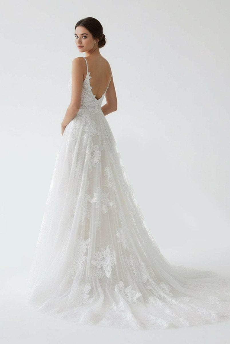 Boho White A - Line Lace Appliques Wedding Dress - KissProm