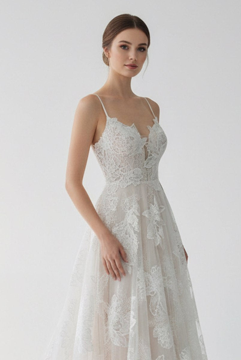 Boho White A - Line Lace Appliques Wedding Dress - KissProm
