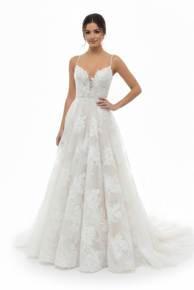 Boho White A - Line Lace Appliques Wedding Dress - KissProm