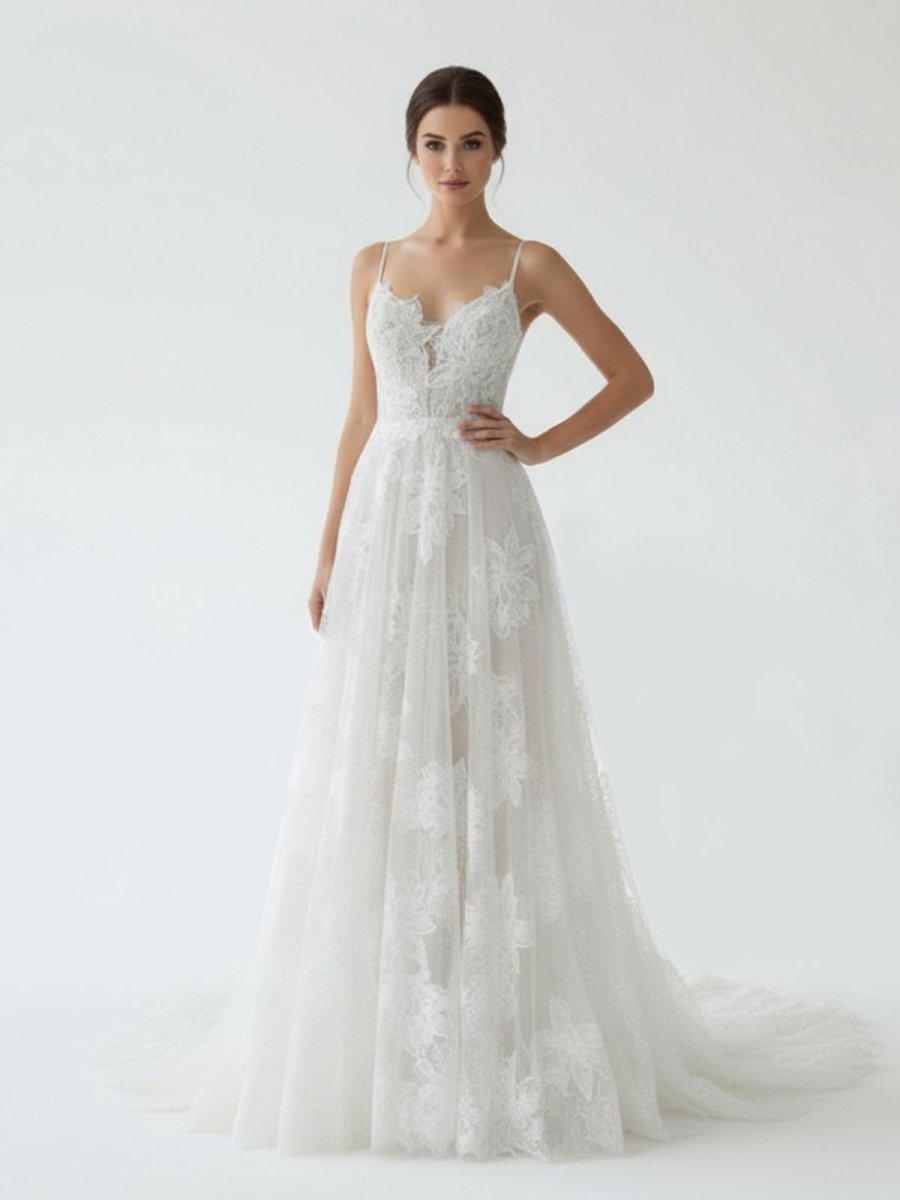 Boho White A - Line Lace Appliques Wedding Dress - KissProm