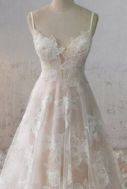 Boho White A - Line Lace Appliques Wedding Dress - KissProm
